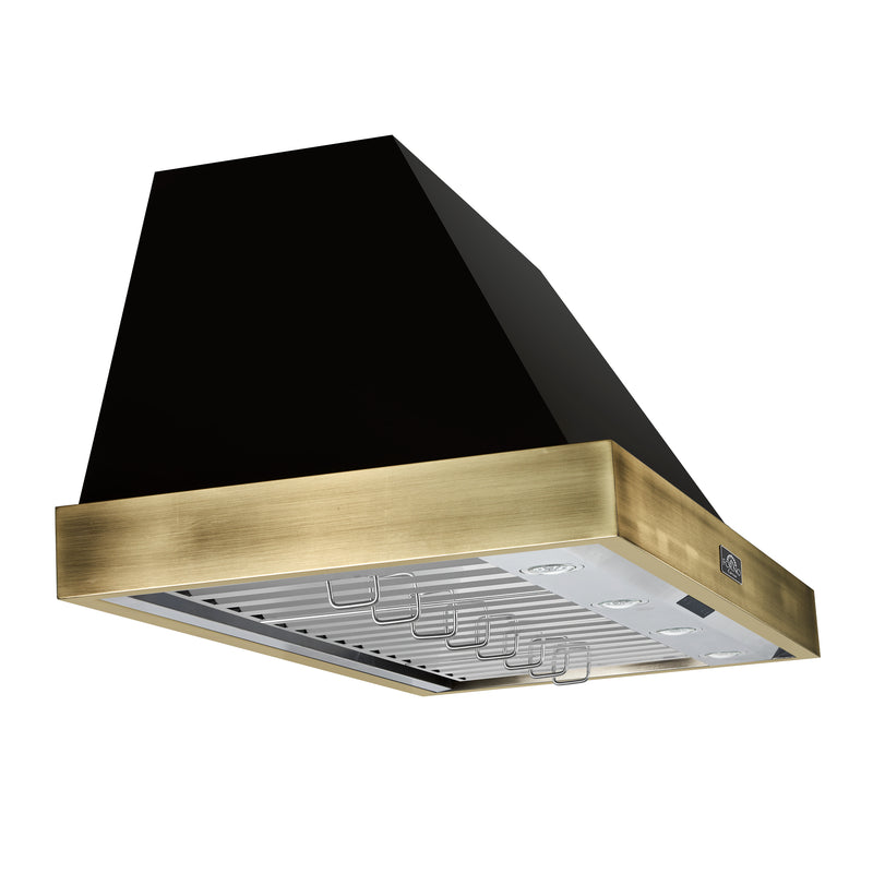 Forno Vittorio 48" 600 CFM Wall Mount Range Hood in Black, Baffle Filters, with Antique Brass Handles, FRHWM5078-48BLK