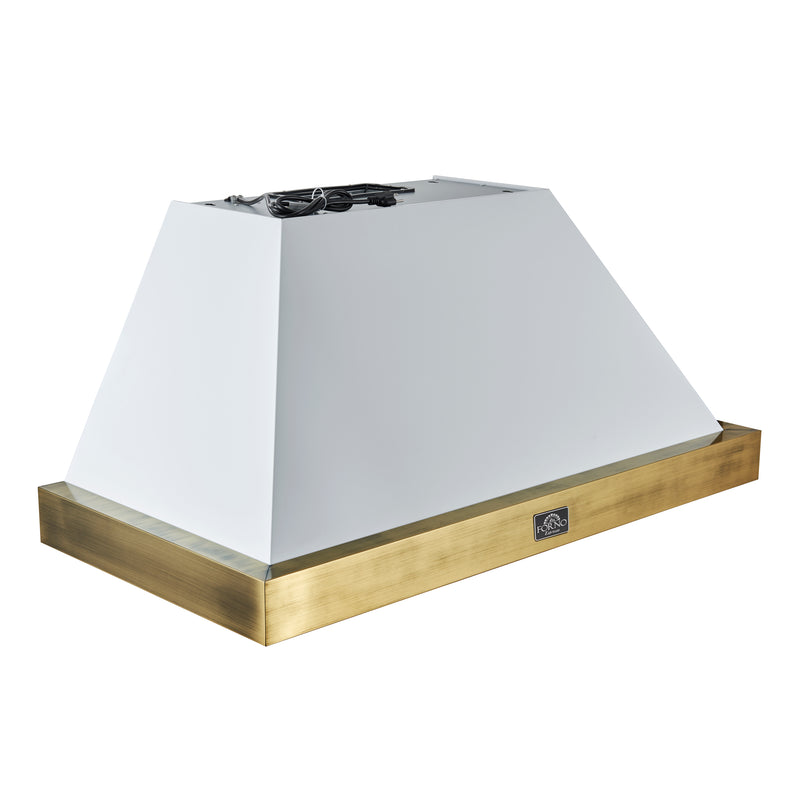 Forno Vittorio 48" 600 CFM Wall Mount Range Hood in White, Baffle Filters, with Antique Brass Handles, FRHWM5078-48WHT