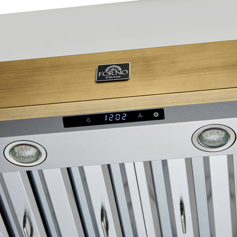 Forno Vittorio 48" 600 CFM Wall Mount Range Hood in White, Baffle Filters, with Antique Brass Handles, FRHWM5078-48WHT