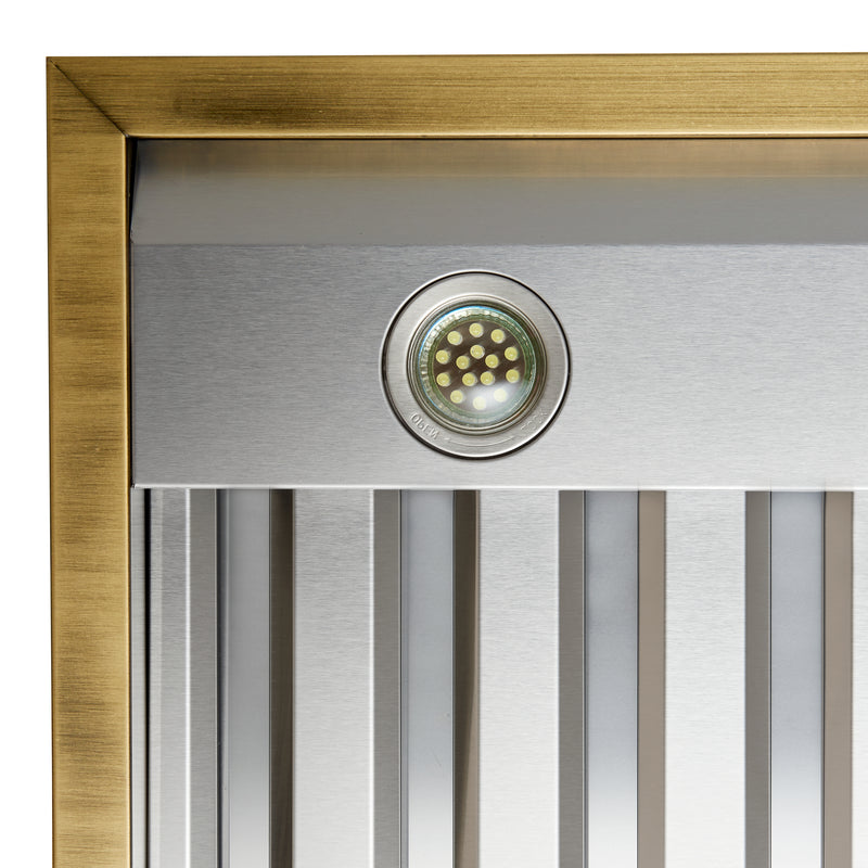 Forno Vittorio 48" 600 CFM Wall Mount Range Hood in White, Baffle Filters, with Antique Brass Handles, FRHWM5078-48WHT