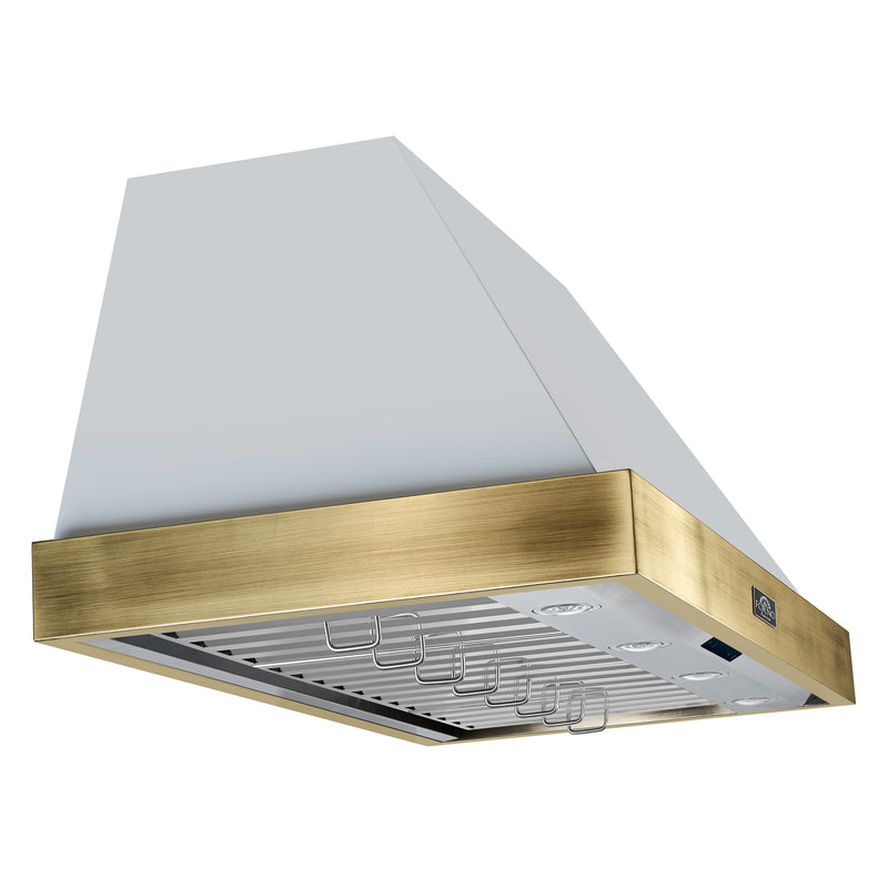 Forno Vittorio 48" 600 CFM Wall Mount Range Hood in White, Baffle Filters, with Antique Brass Handles, FRHWM5078-48WHT