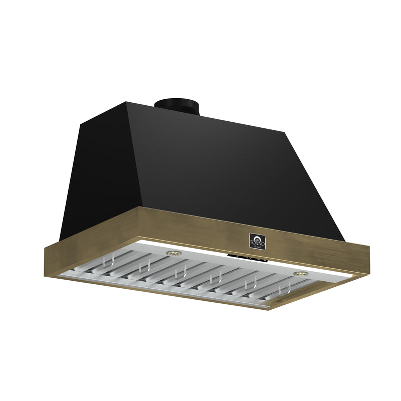 Forno Vittorio 36" 600 CFM Wall Mount Range Hood in Black, Baffle Filters, with Antique Brass Handles, FRHWM5078-36BLK