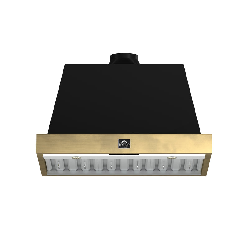 Forno Vittorio 36" 600 CFM Wall Mount Range Hood in Black, Baffle Filters, with Antique Brass Handles, FRHWM5078-36BLK