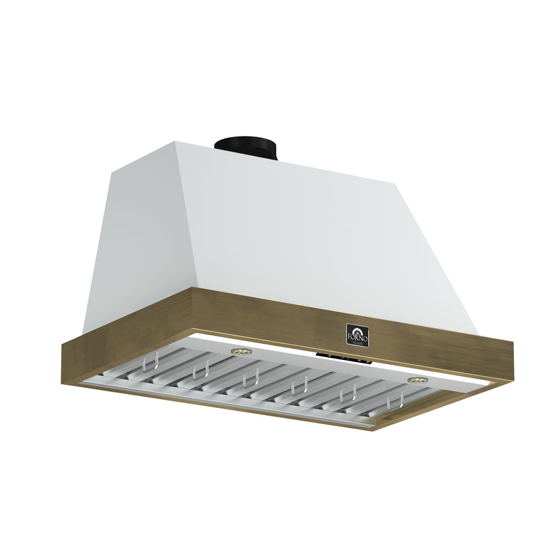 Forno Vittorio 36" 600 CFM Wall Mount Range Hood in White, Baffle Filters, with Antique Brass Handles, FRHWM5078-36WHT