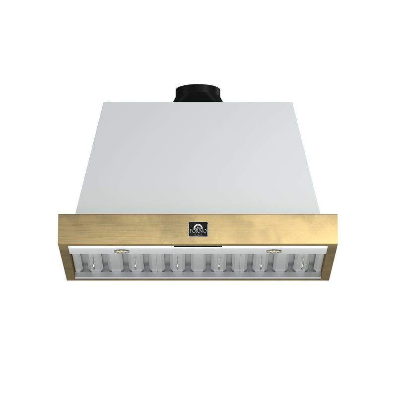 Forno Vittorio 36" 600 CFM Wall Mount Range Hood in White, Baffle Filters, with Antique Brass Handles, FRHWM5078-36WHT