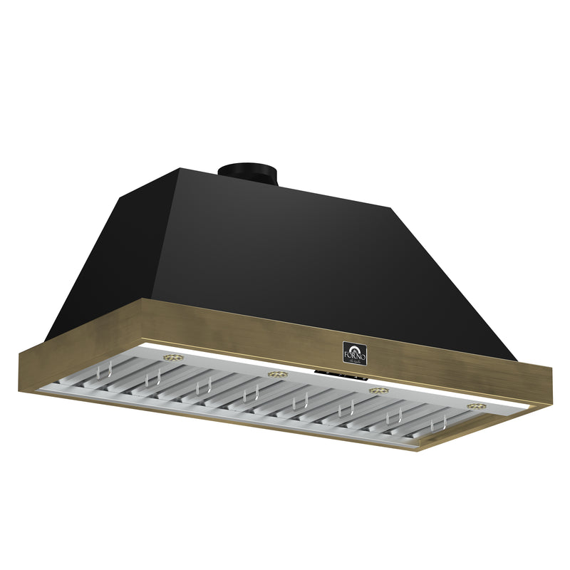 Forno Vittorio 48" 600 CFM Wall Mount Range Hood in Black, Baffle Filters, with Antique Brass Handles, FRHWM5078-48BLK