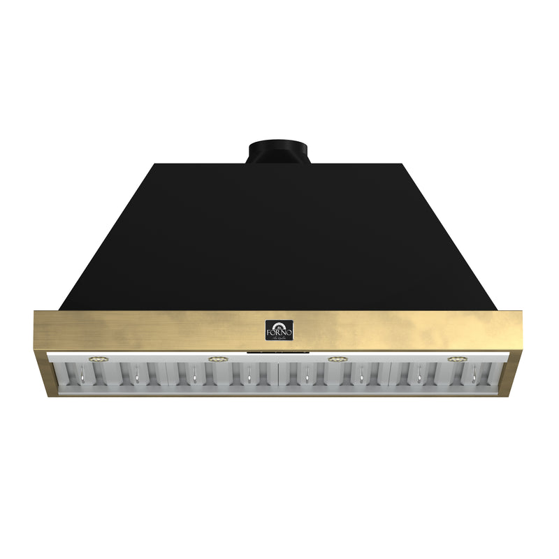 Forno Vittorio 48" 600 CFM Wall Mount Range Hood in Black, Baffle Filters, with Antique Brass Handles, FRHWM5078-48BLK