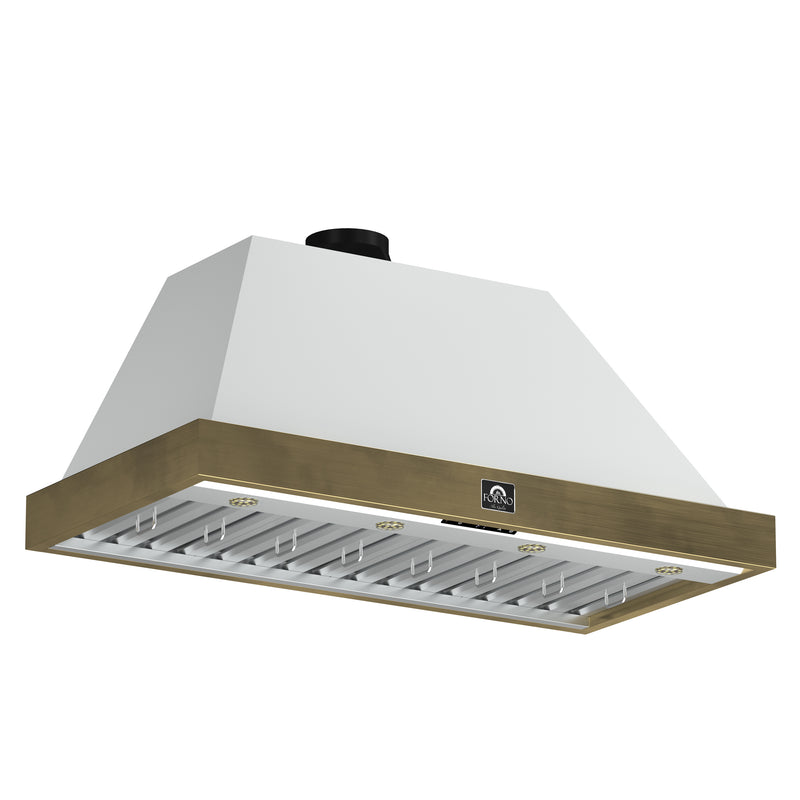 Forno Vittorio 48" 600 CFM Wall Mount Range Hood in White, Baffle Filters, with Antique Brass Handles, FRHWM5078-48WHT
