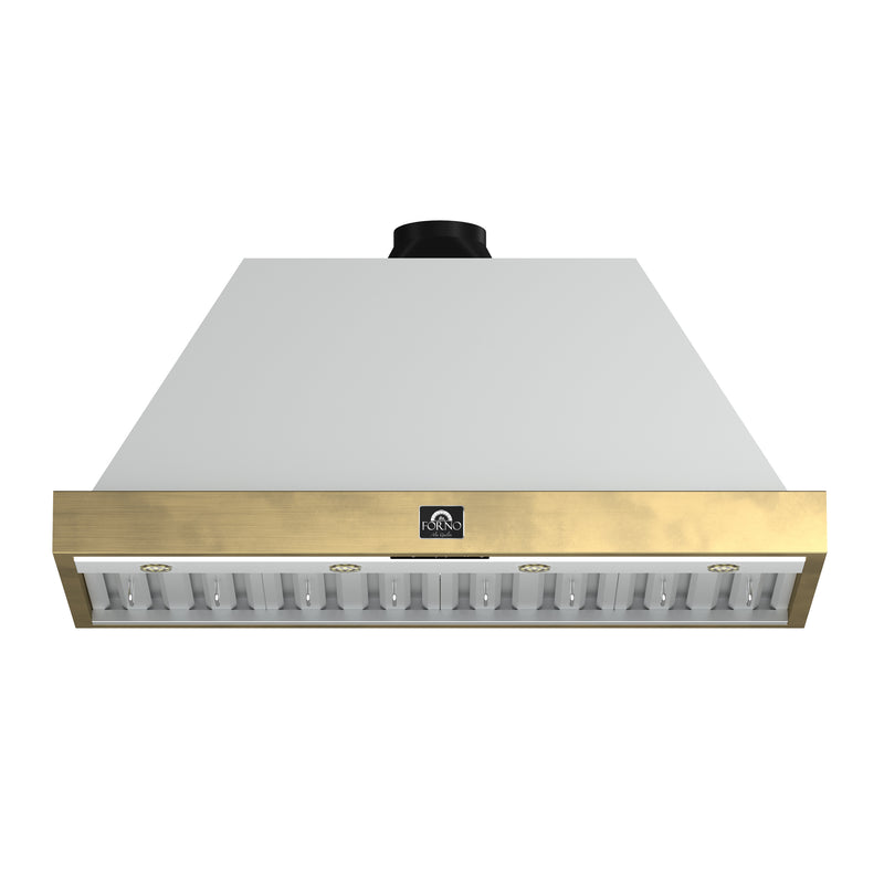 Forno Vittorio 48" 600 CFM Wall Mount Range Hood in White, Baffle Filters, with Antique Brass Handles, FRHWM5078-48WHT
