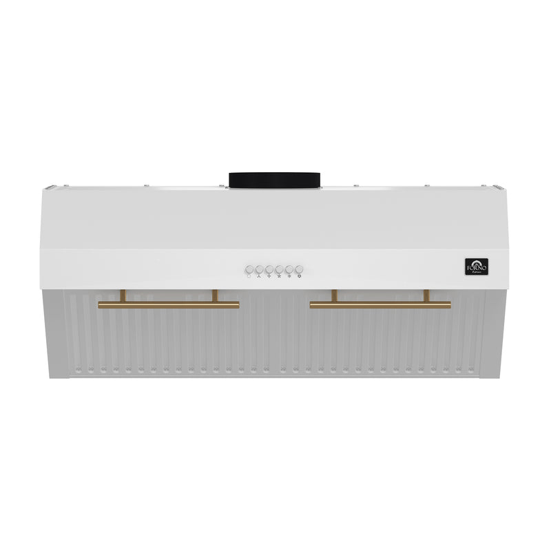 Forno Bari Espresso 30" 600 CFM Under Cabinet Range Hood in White, LED Lighting, with Antique Brass Handles, FRHUC5255-30WHT