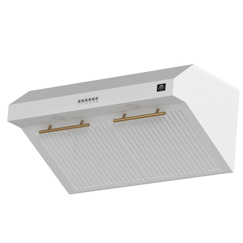 Forno Bari Espresso 30" 600 CFM Under Cabinet Range Hood in White, LED Lighting, with Antique Brass Handles, FRHUC5255-30WHT