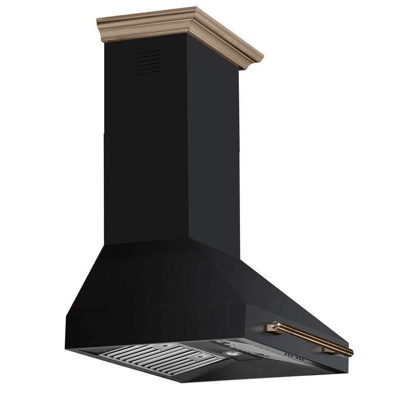 Forno Aria 30" 600 CFM Wall-Mounted Range Hood in Black with Antique Brass Handles, FRHWM5095-30BLK
