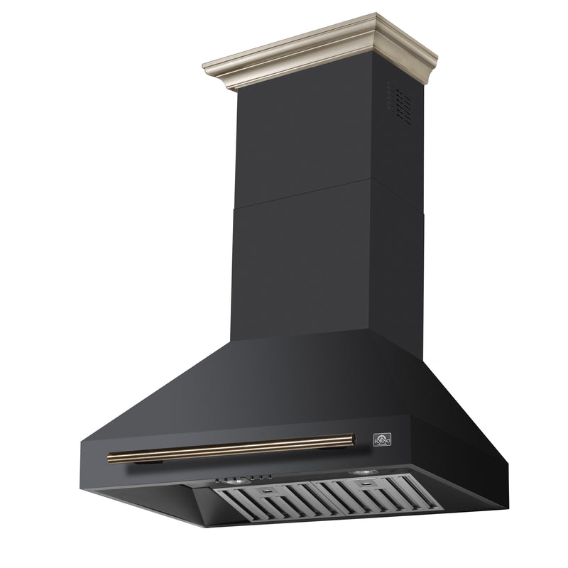 Forno Aria 30" 600 CFM Wall-Mounted Range Hood in Black with Antique Brass Handles, FRHWM5095-30BLK