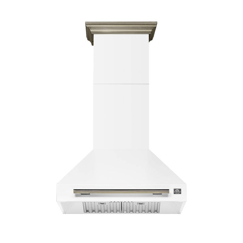 Forno Aria 30" 600 CFM Wall-Mounted Range Hood in White with Antique Brass Handles, FRHWM5095-30WHT