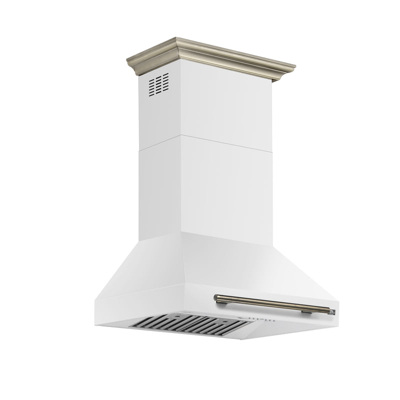 Forno Aria 30" 600 CFM Wall-Mounted Range Hood in White with Antique Brass Handles, FRHWM5095-30WHT