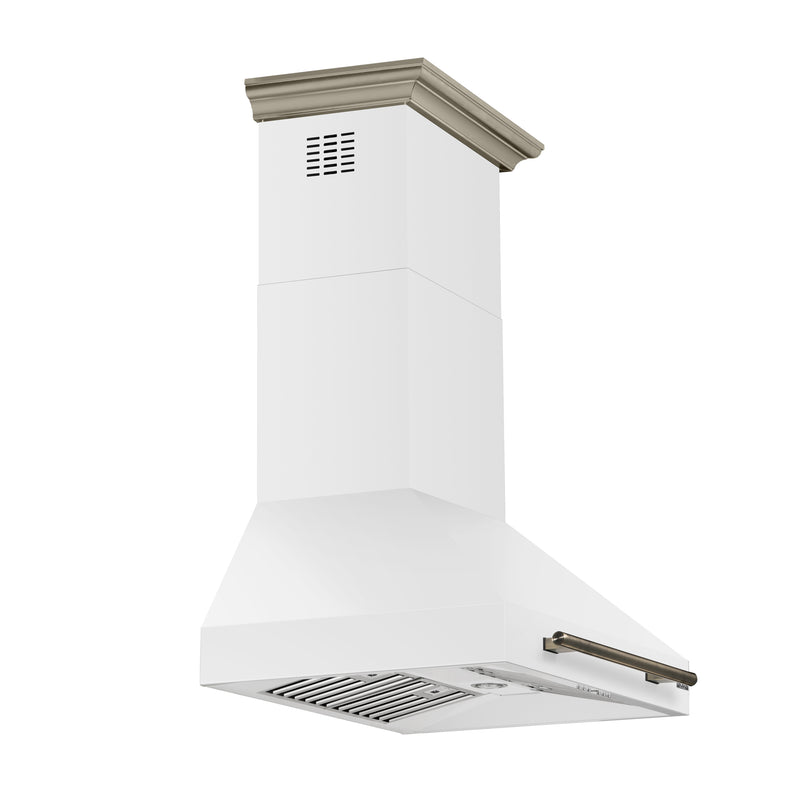 Forno Aria 30" 600 CFM Wall-Mounted Range Hood in White with Antique Brass Handles, FRHWM5095-30WHT