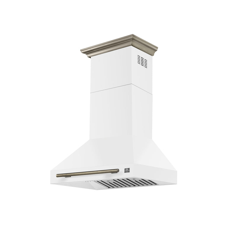Forno Aria 30" 600 CFM Wall-Mounted Range Hood in White with Antique Brass Handles, FRHWM5095-30WHT