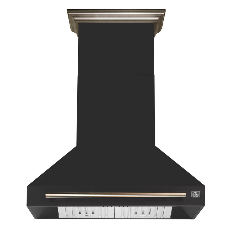 Forno Aria 36" 1200 CFM Wall-Mounted Range Hood in Black, 4 Speeds, with Antique Brass Handles, FRHWM5095-36BLK