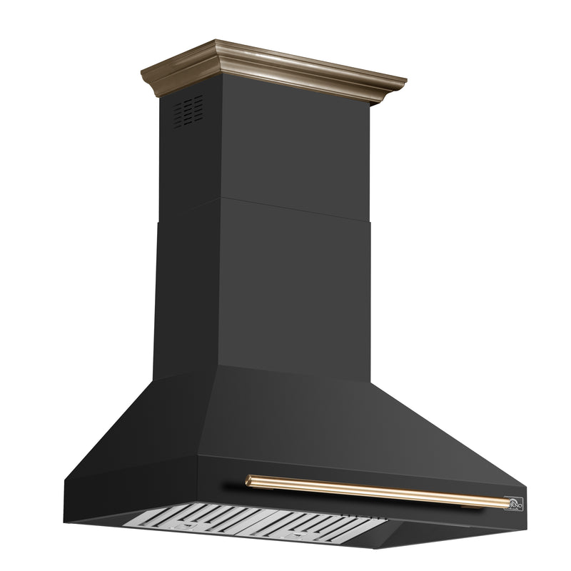 Forno Aria 36" 1200 CFM Wall-Mounted Range Hood in Black, 4 Speeds, with Antique Brass Handles, FRHWM5095-36BLK
