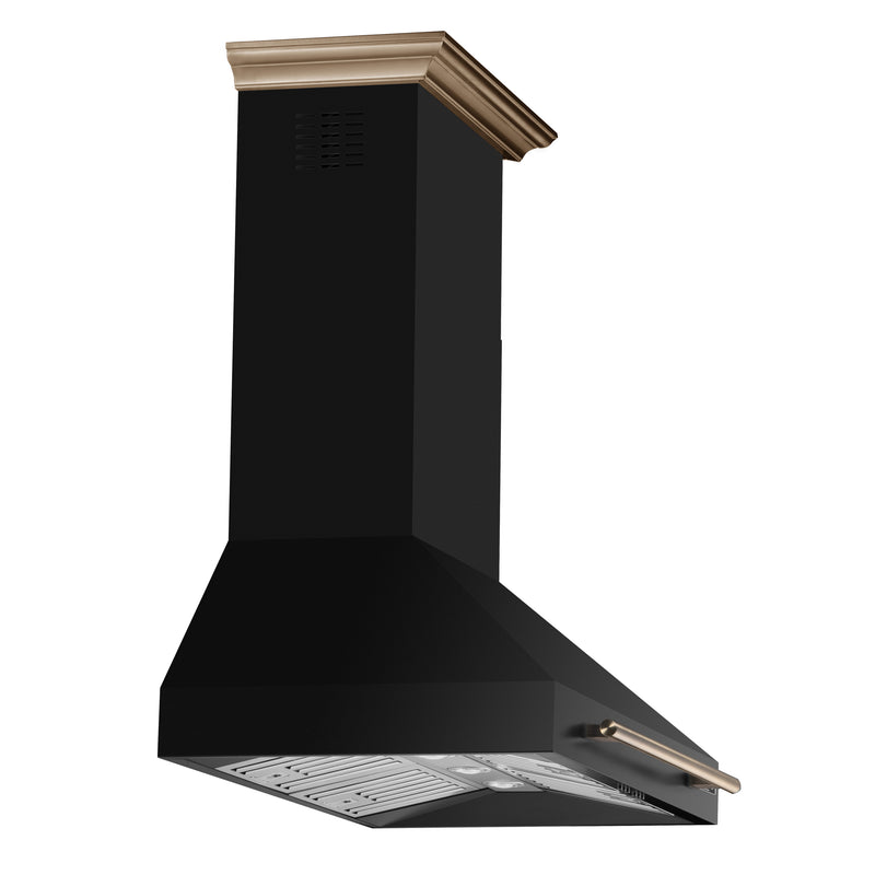 Forno Aria 36" 1200 CFM Wall-Mounted Range Hood in Black, 4 Speeds, with Antique Brass Handles, FRHWM5095-36BLK