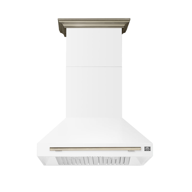 Forno Aria 36" 1200 CFM Wall-Mounted Range Hood in White with Antique Brass Handles, FRHWM5095-36WHT