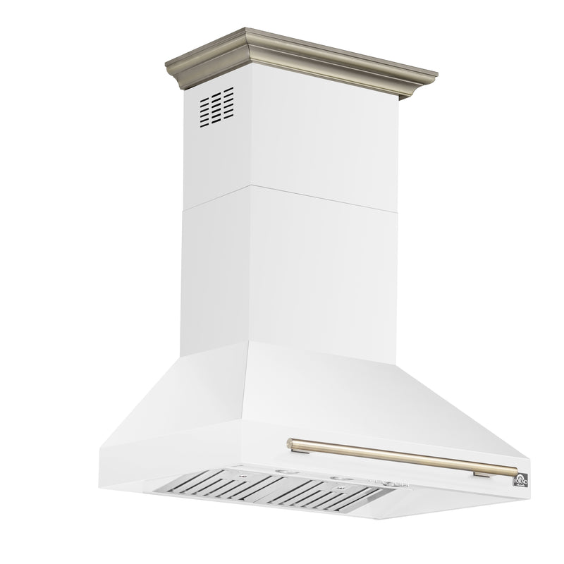 Forno Aria 36" 1200 CFM Wall-Mounted Range Hood in White with Antique Brass Handles, FRHWM5095-36WHT
