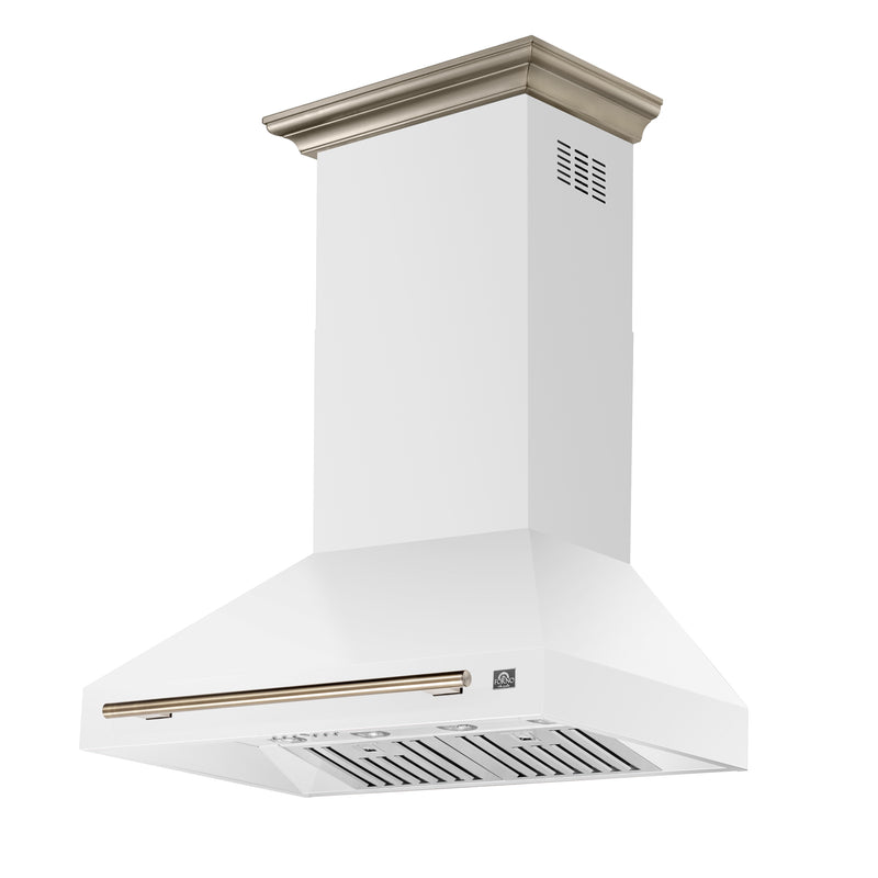 Forno Aria 36" 1200 CFM Wall-Mounted Range Hood in White with Antique Brass Handles, FRHWM5095-36WHT
