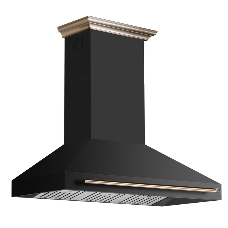 Forno Aria 48" 1200 CFM Wall-Mounted Range Hood in Black with Antique Brass Handles, FRHWM5095-48BLK