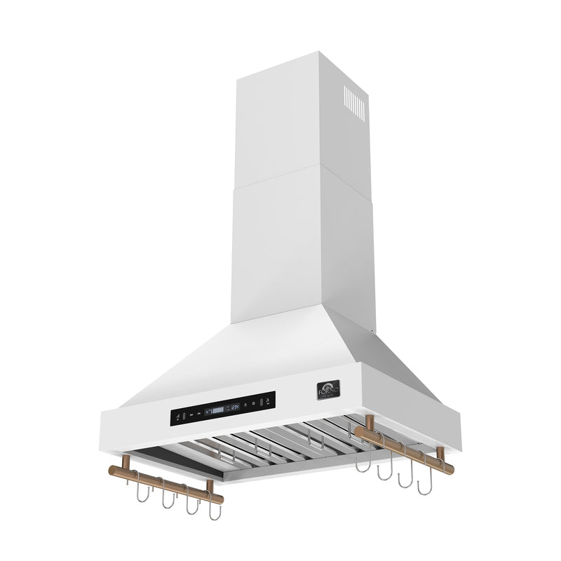 Forno Venezia 30" 370 CFM Wall-Mounted Range Hood in White with Antique Brass Handles, FRHWM5503-30WHT