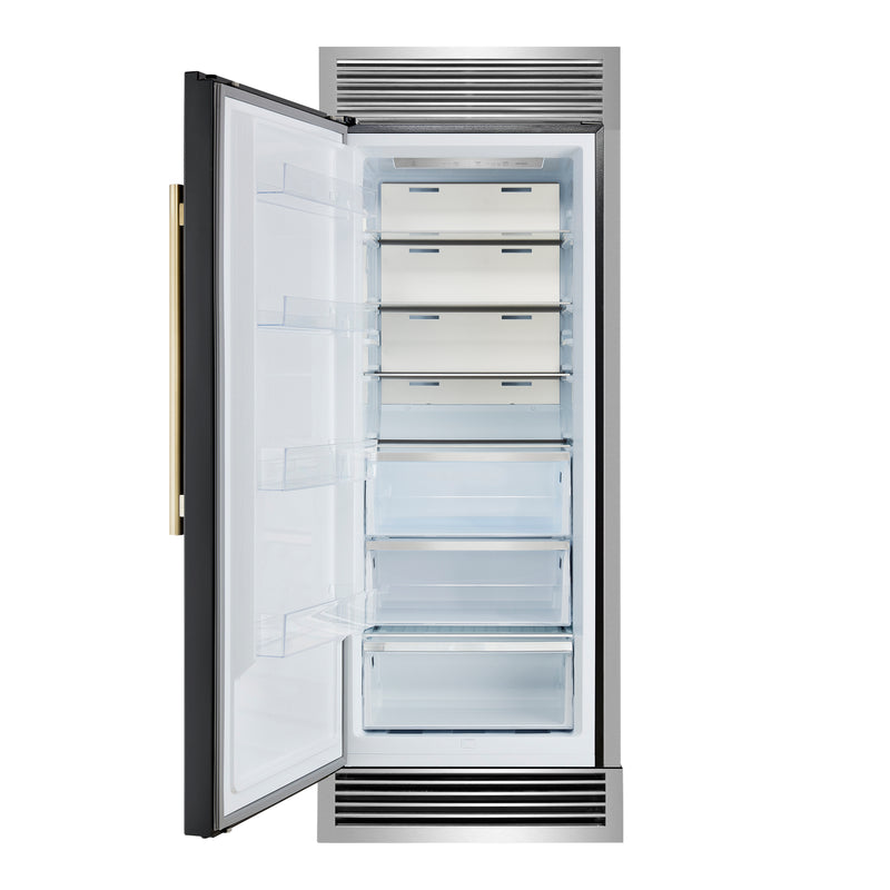 Forno Maderno 28" 13.6 cu.ft. Left Swing Built-In Convertible Refrigerator/Freezer in Black with Antique Brass Handle and Grill Trim, FFFFD1722-32LSG-BLK