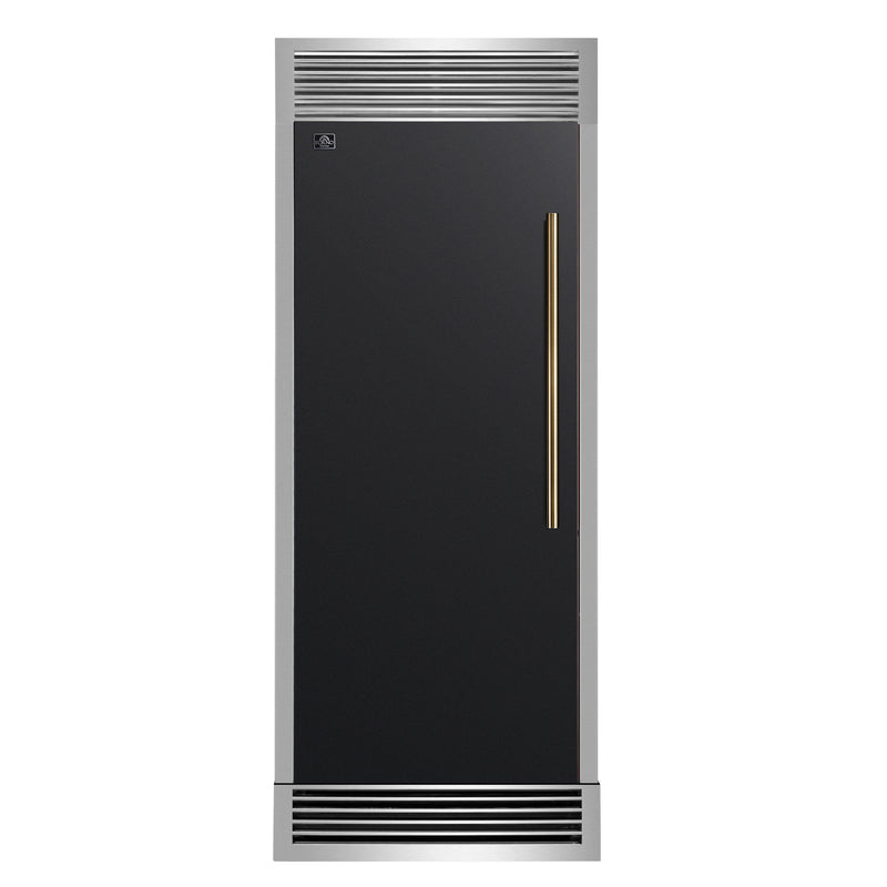 Forno Maderno 28" 13.6 cu.ft. Left Swing Built-In Convertible Refrigerator/Freezer in Black with Antique Brass Handle and Grill Trim, FFFFD1722-32LSG-BLK