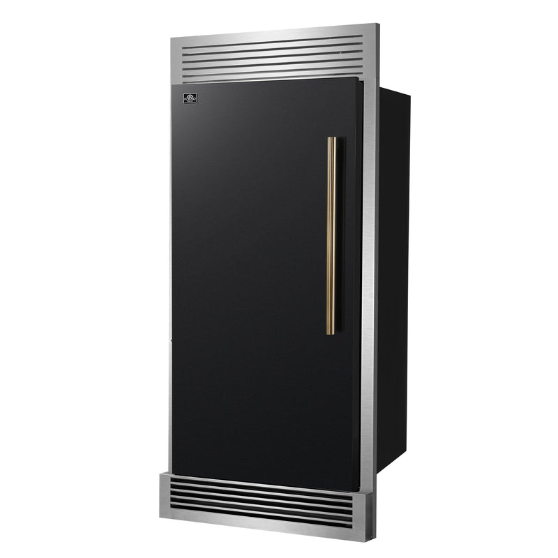Forno Maderno 28" 13.6 cu.ft. Left Swing Built-In Convertible Refrigerator/Freezer in Black with Antique Brass Handle and Grill Trim, FFFFD1722-32LSG-BLK