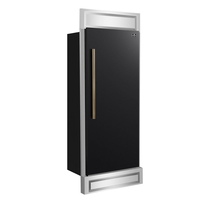 Forno Maderno 28" 13.6 cu.ft. Right Swing Built-In Convertible Refrigerator/Freezer in Black with Antique Brass Handle and Modern Trim, FFFFD1722-32RMG-BLK