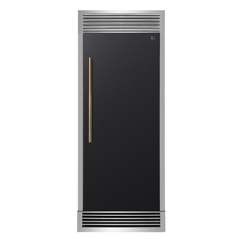 Forno Maderno 28" 13.6 cu.ft. Right Swing Built-In Convertible Refrigerator/Freezer in Black with Antique Brass Handle and Grill Trim, FFFFD1722-32RSG-BLK
