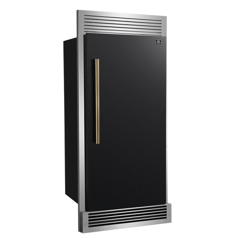 Forno Maderno 28" 13.6 cu.ft. Right Swing Built-In Convertible Refrigerator/Freezer in Black with Antique Brass Handle and Grill Trim, FFFFD1722-32RSG-BLK