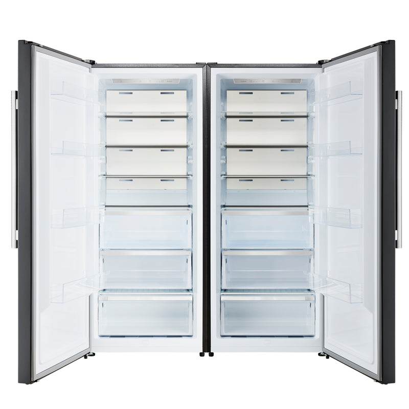 Forno Maderno 60" Freestanding French Door Refrigerator in Black, 27.2 Cu.Ft. Capacity with Modern Grille Trim and Antique Brass Handles, FFFFD1722-60SG-BLK