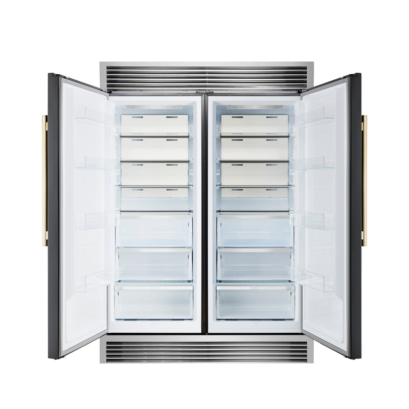 Forno Maderno 60" Freestanding French Door Refrigerator in Black, 27.2 Cu.Ft. Capacity with Modern Grille Trim and Antique Brass Handles, FFFFD1722-60SG-BLK