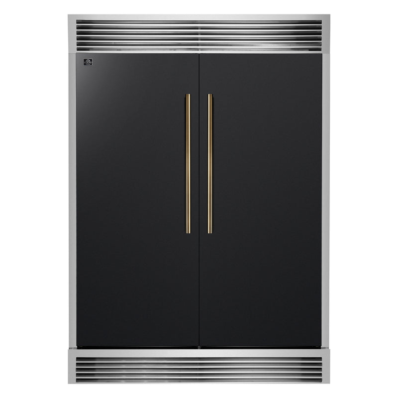 Forno Maderno 60" Freestanding French Door Refrigerator in Black, 27.2 Cu.Ft. Capacity with Modern Grille Trim and Antique Brass Handles, FFFFD1722-60SG-BLK