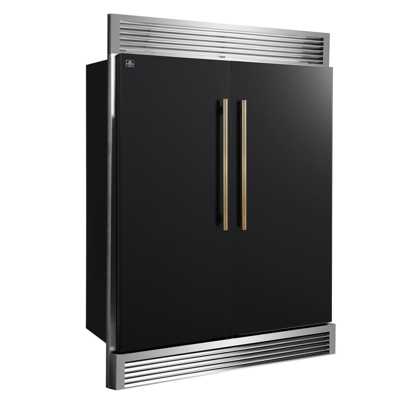 Forno Maderno 60" Freestanding French Door Refrigerator in Black, 27.2 Cu.Ft. Capacity with Modern Grille Trim and Antique Brass Handles, FFFFD1722-60SG-BLK