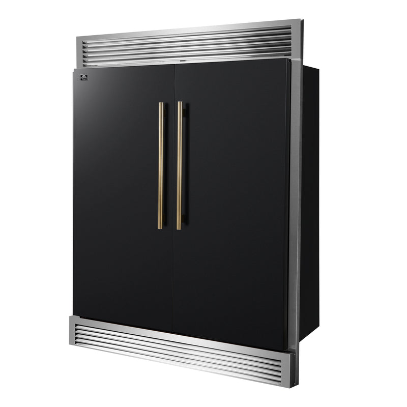 Forno Maderno 60" Freestanding French Door Refrigerator in Black, 27.2 Cu.Ft. Capacity with Modern Grille Trim and Antique Brass Handles, FFFFD1722-60SG-BLK