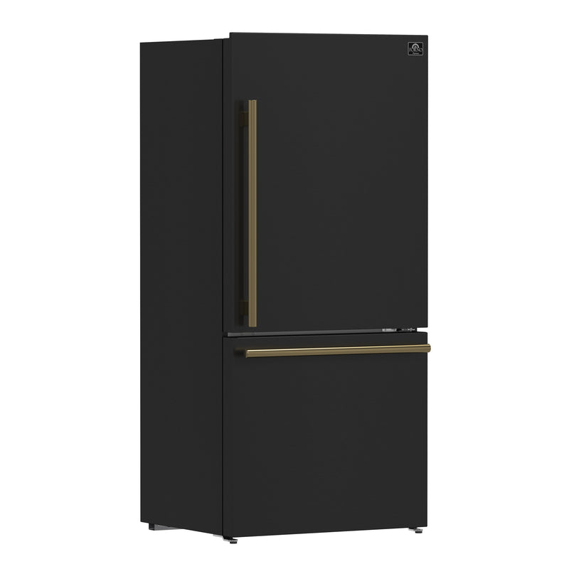 Forno Milano Espresso 31" Freestanding Bottom Freezer Refrigerator in Black, 17.2 cu. ft., Counter-Depth, Right Swing, with Antique Brass Handles, FFFFD1785-31BLK
