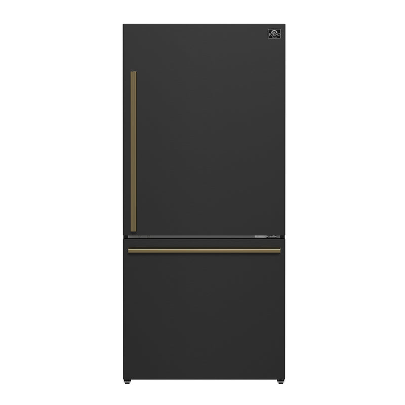 Forno Milano Espresso 31" Freestanding Bottom Freezer Refrigerator in Black, 17.2 cu. ft., Counter-Depth, Right Swing, with Antique Brass Handles, FFFFD1785-31BLK