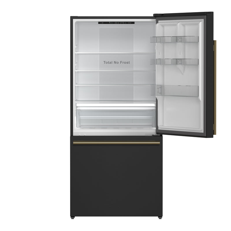 Forno Milano Espresso 31" Freestanding Bottom Freezer Refrigerator in Black, 17.2 cu. ft., Counter-Depth, Right Swing, with Antique Brass Handles, FFFFD1785-31BLK