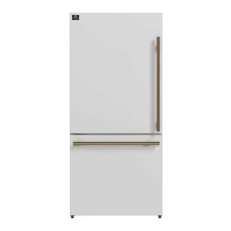 Forno Milano Espresso 31" Freestanding Bottom Freezer Refrigerator in White, 17.2 cu. ft., Ice Maker, Antique Brass Handles, Left Hinge, FFFFD1786-31WHT