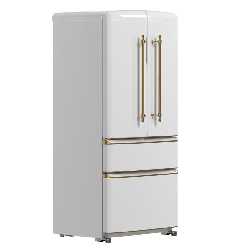 Forno Luigi 33" 18 cu.ft. Freestanding French Door Refrigerator in White with Antique Brass Handles, FFFFD1791-33WHT