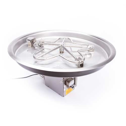 HPC Fire Inspired Round Bowl Inserts 24VAC Liquid Propane with stainless steel bowl, propane burner, and ignition system for outdoor fire pits.
