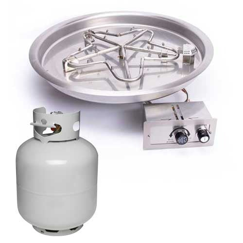 HPC Fire Inspired Round Bowl Inserts Liquid Propane with heavy-duty stainless steel burner, control knobs, and propane tank for outdoor use
