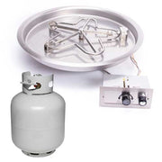 HPC Fire Inspired Round Bowl Inserts Liquid Propane with stainless steel burner, round bowl, control panel, and propane tank for outdoor fire pits.
