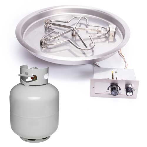 HPC Fire Inspired Round Bowl Inserts Liquid Propane with stainless steel burner, round bowl, control panel, and propane tank for outdoor fire pits.