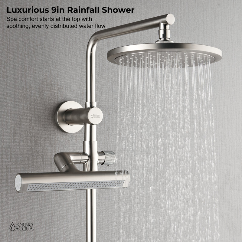 Forno Acqua Shower Column System with 9" Rain Shower Head, 5-Function Handheld, AcquaFALL Body Jet in Brushed Nickel, SCW1BN-S2